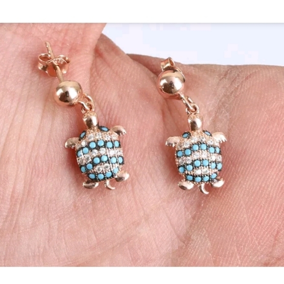 Gold turquoise & topaz turtle earrings - Picture 2 of 4